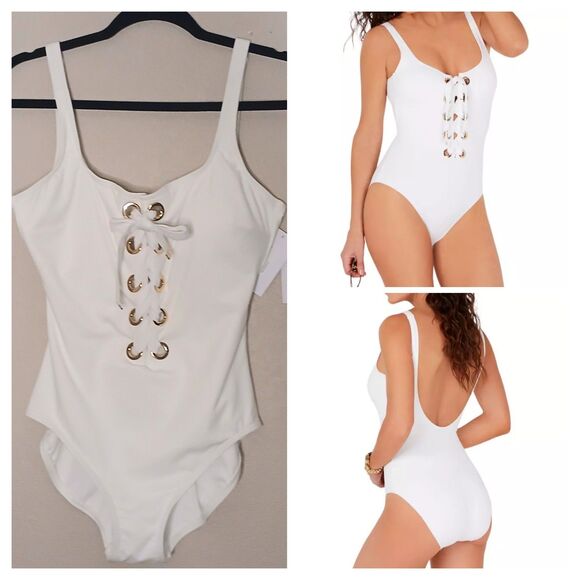 Michael Kors Swimsuit Sz 14 One Piece White Lace Up Scoop w Gold Rivets $126 NWT